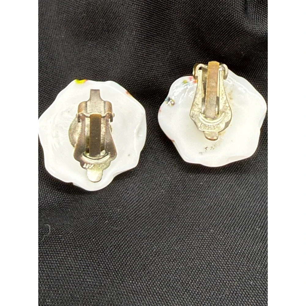 Vintage Japan Milk Glass Confetti Millefiori Clip On Earrings Multi Color White